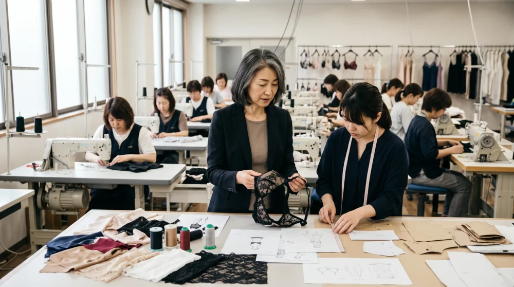 下着メーカーのM&Aと会社売却における、熟練工の技術とブランドの歴史を受け継ぐ事業承継をイメージした、活気ある縫製工場の様子