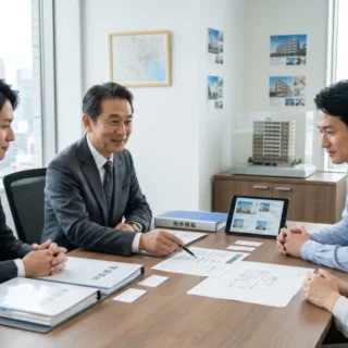 不動産売買・賃貸業のM&A・会社売却を検討する経営者が、オフィスで物件情報や書類を確認する商談風景を表現した実写画像。
