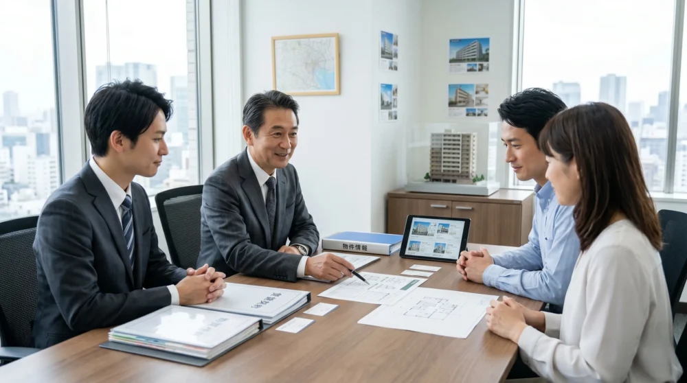 不動産売買・賃貸業のM&A・会社売却を検討する経営者が、オフィスで物件情報や書類を確認する商談風景を表現した実写画像。