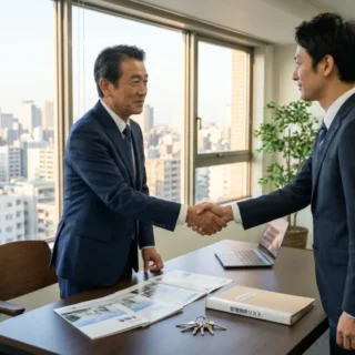不動産業の会社売却・M&Aで、オフィスにてオーナーが後継者と握手し、管理物件の鍵を引き継ぐ実写写真