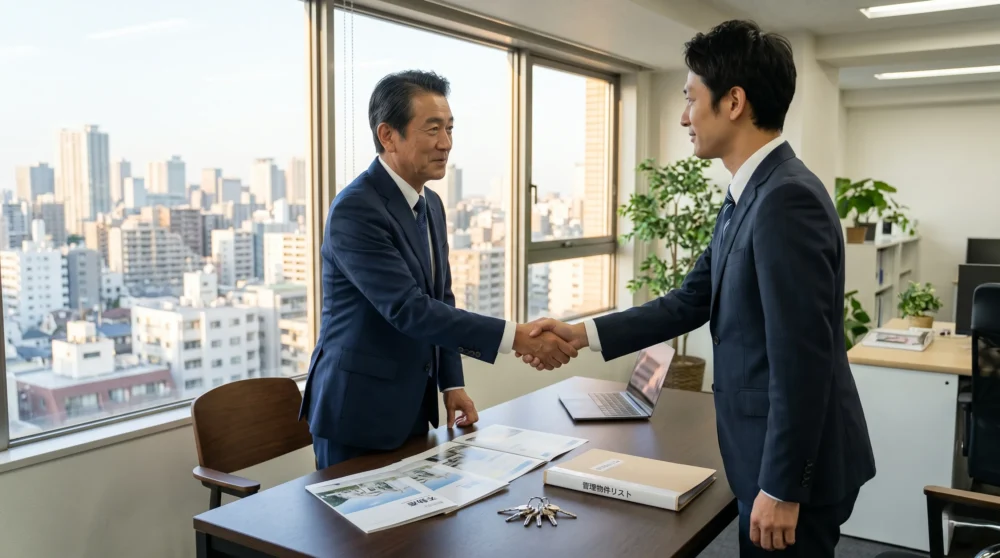 不動産業の会社売却・M&Aで、オフィスにてオーナーが後継者と握手し、管理物件の鍵を引き継ぐ実写写真