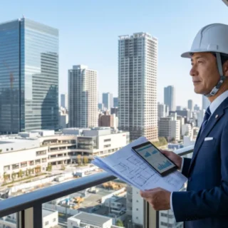 都市部の高層ビル群を前に、ヘルメットを被った経営者が図面を確認する不動産開発業のM&A・会社売却のイメージ写真