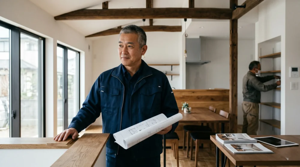 中古住宅リノベーション会社のM&A・会社売却に向けて、完成したリノベ空間と図面を確認する経営者。事業継承をイメージ。