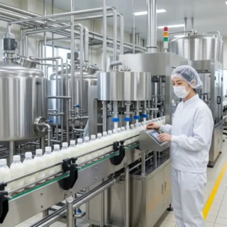 乳業のM&Aと会社売却における、衛生服を着用した作業員が乳製品工場で殺菌機や充填ラインを管理する事業承継のイメージ写真