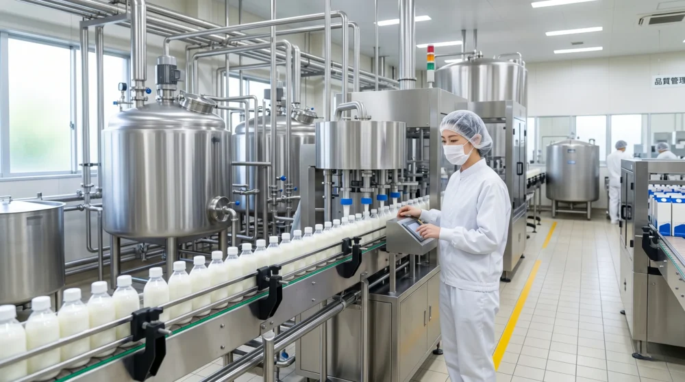 乳業のM&Aと会社売却における、衛生服を着用した作業員が乳製品工場で殺菌機や充填ラインを管理する事業承継のイメージ写真