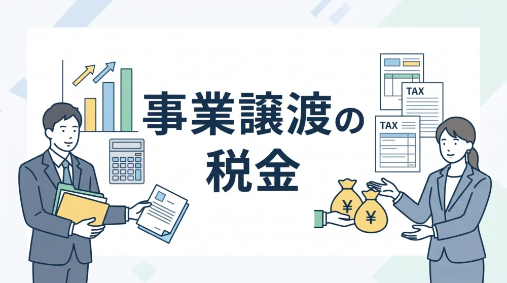 中小企業の事業譲渡で発生する税金について、譲渡側・譲受側それぞれの税目や計算方法を分かりやすく解説した記事のサムネイル画像。