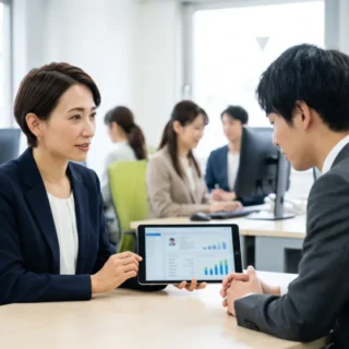 人材派遣・紹介業のM&Aや会社売却で、オフィスにてタブレットを見せながら面談を行う様子を表すイメージ写真