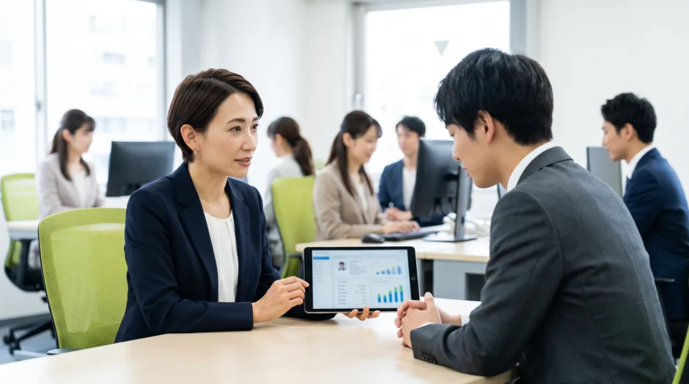 人材派遣・紹介業のM&Aや会社売却で、オフィスにてタブレットを見せながら面談を行う様子を表すイメージ写真