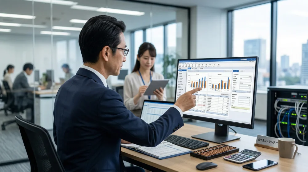 会計ソフト業界のM&A・会社売却でシステムと顧客基盤を引き継ぐ事業承継を表す、経営者がデータを確認するオフィスの写真