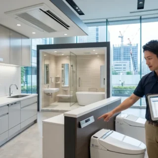 住宅設備業界のM&Aや会社売却を検討する経営者に向けた、最新のシステムキッチンが並ぶショールームの写真
