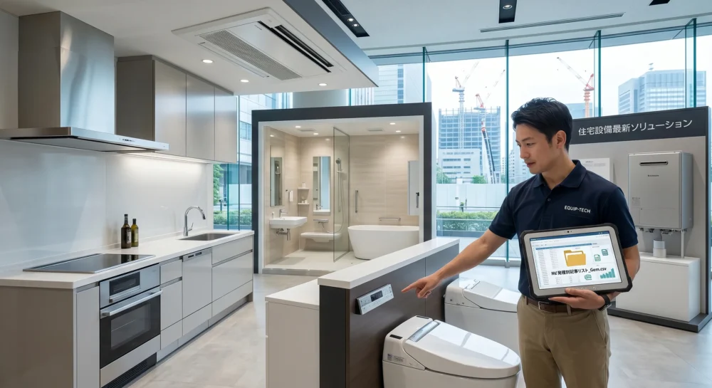 住宅設備業界のM&Aや会社売却を検討する経営者に向けた、最新のシステムキッチンが並ぶショールームの写真