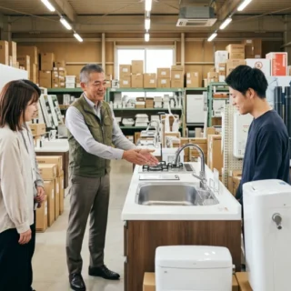 住宅設備機器卸業のM&Aや会社売却による事業承継を支援する、展示場と商品倉庫の写真