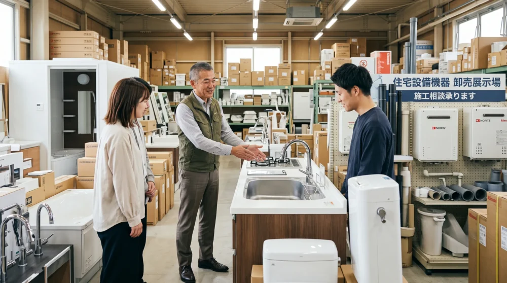 住宅設備機器卸業のM&Aや会社売却による事業承継を支援する、展示場と商品倉庫の写真