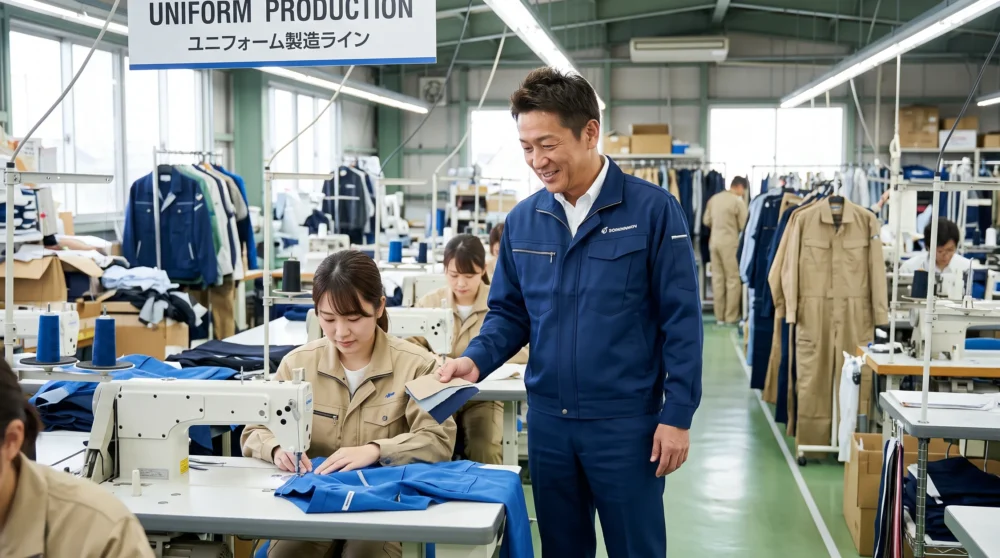 作業服・ユニフォーム製造業のM&Aや会社売却に向け、縫製工場で品質を確認する経営者の写真