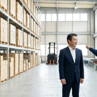 物流倉庫のM&A・会社売却で、スーツの経営者が従業員と現場と在庫を確認する様子を捉えた、信頼感のある実写風画像