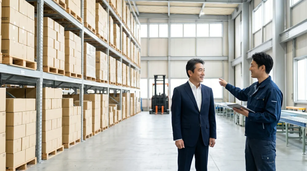 物流倉庫のM&A・会社売却で、スーツの経営者が従業員と現場と在庫を確認する様子を捉えた、信頼感のある実写風画像