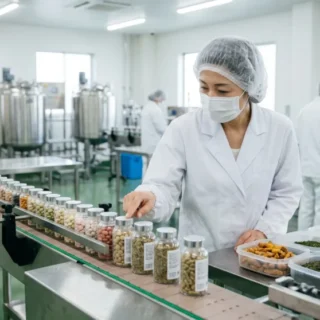 健康食品メーカーのM&A・会社売却で、サプリメントの製造設備や品質管理の現場を円滑に引き継ぐイメージ。