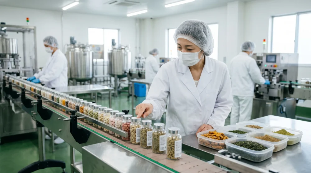 健康食品メーカーのM&A・会社売却で、サプリメントの製造設備や品質管理の現場を円滑に引き継ぐイメージ。