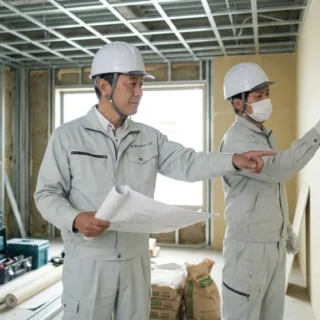 内装工事のM&A・会社売却で、現場の技術と従業員を引き継ぐ事業承継をイメージした、施工中の内装現場の実写風写真