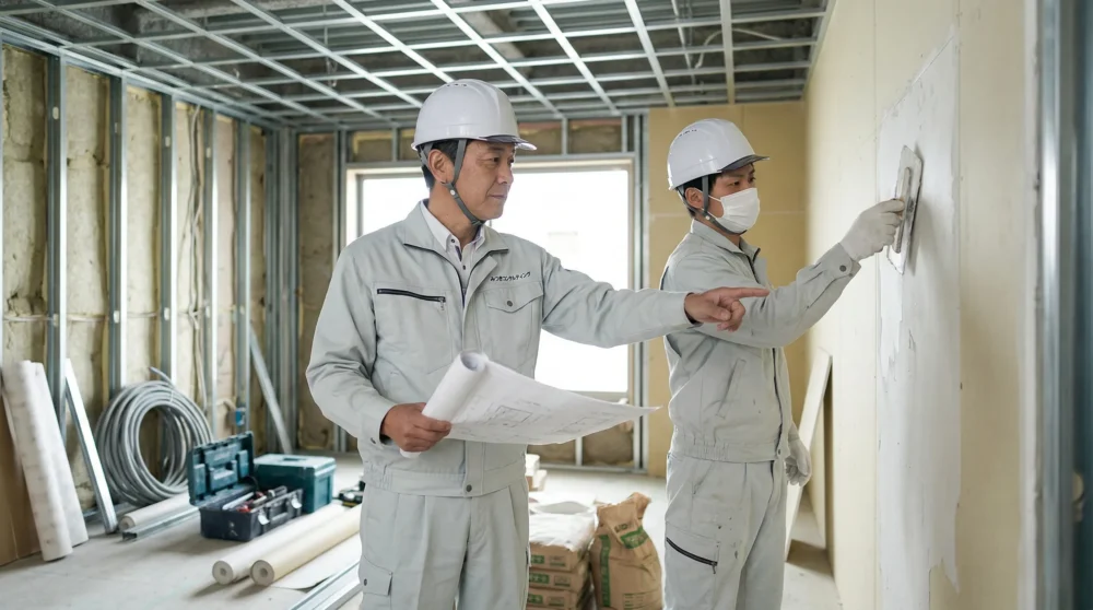 内装工事のM&A・会社売却で、現場の技術と従業員を引き継ぐ事業承継をイメージした、施工中の内装現場の実写風写真