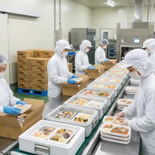 冷凍食品工場の製造現場で、従業員が商品を梱包する様子を捉えた、M&Aや会社売却を検討する経営者向けの画像。