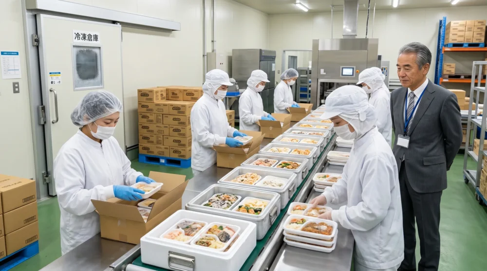 冷凍食品工場の製造現場で、従業員が商品を梱包する様子を捉えた、M&Aや会社売却を検討する経営者向けの画像。