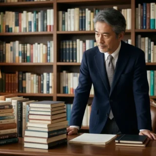 出版社のオーナー経営者が自社が手掛けた書籍を前に、M&Aや会社売却による事業承継の未来を考える様子を捉えた実写風画像