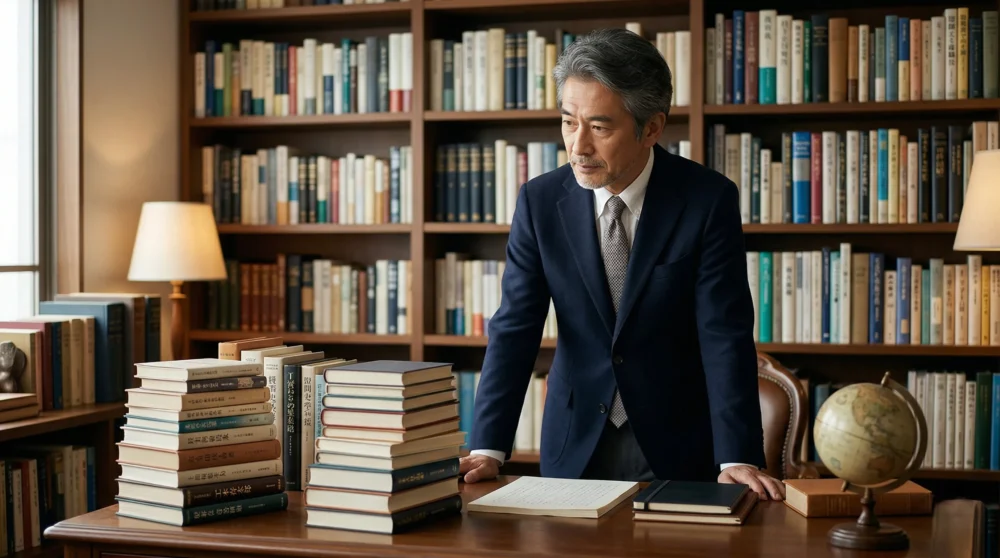 出版社のオーナー経営者が自社が手掛けた書籍を前に、M&Aや会社売却による事業承継の未来を考える様子を捉えた実写風画像