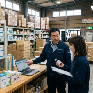 動物薬卸のM&Aや会社売却に向け、動物用医薬品が保管された倉庫で在庫状況を確認する経営者の写真