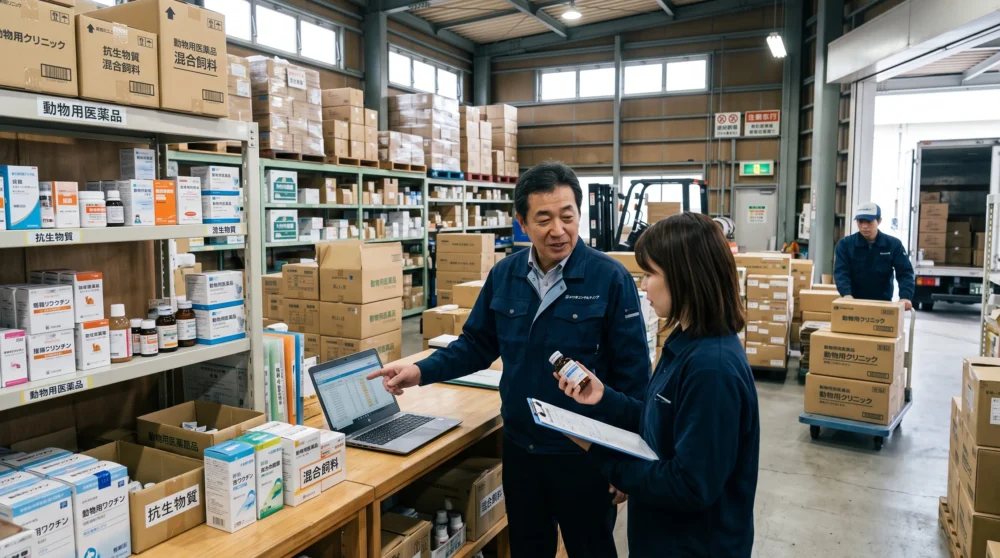 動物薬卸のM&Aや会社売却に向け、動物用医薬品が保管された倉庫で在庫状況を確認する経営者の写真