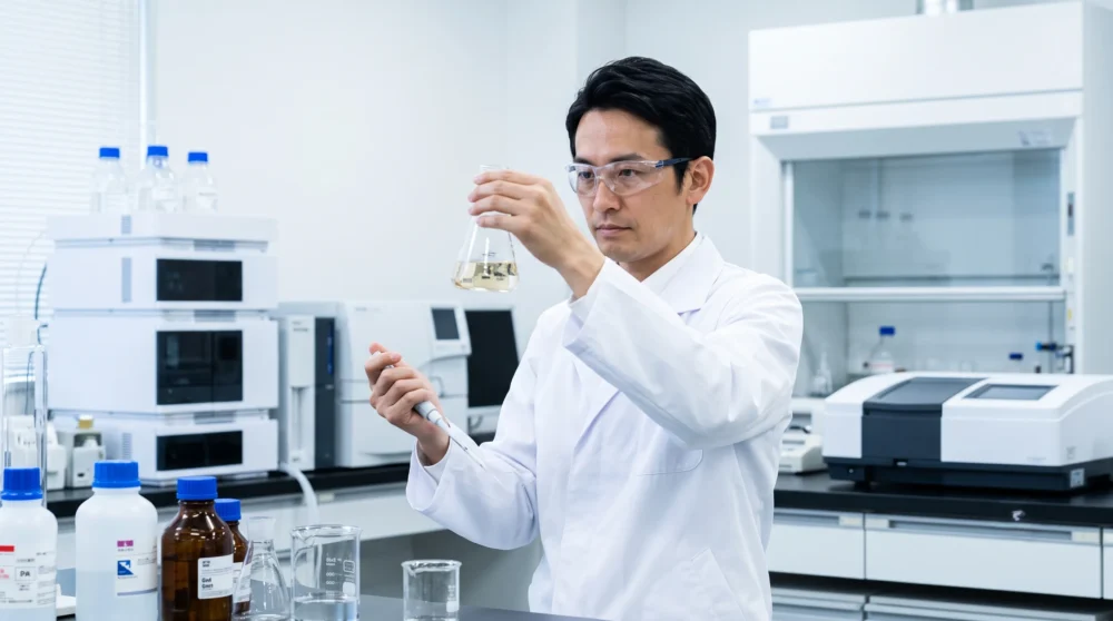 化学品業界のM&A・会社売却に向けて、実験室で研究開発を進める経営者を表すイメージ写真