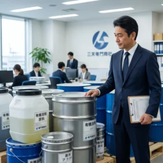 化学専門商社のM&A・会社売却で、原料ドラムを確認する経営者と社員が描かれた、事業承継の現場を伝える実写風写真