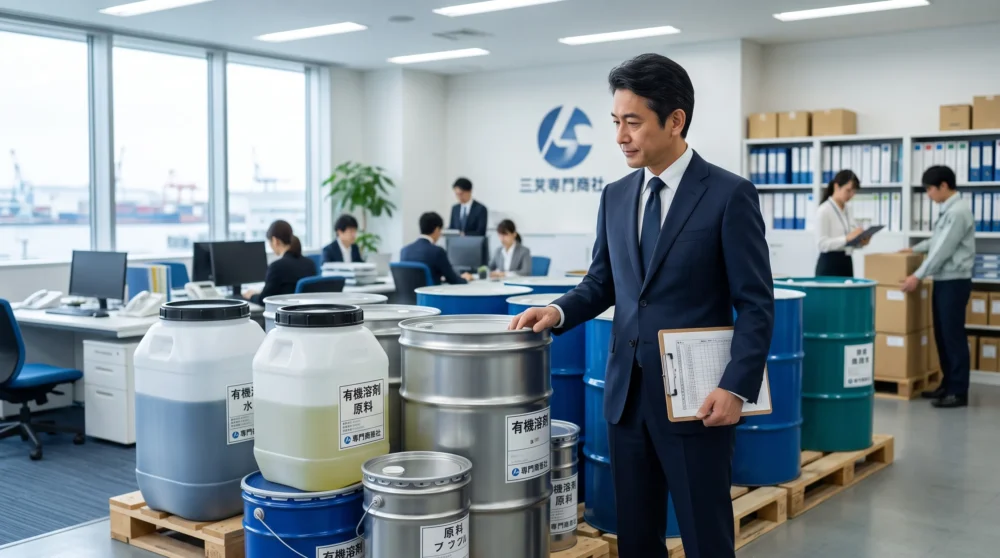 化学専門商社のM&A・会社売却で、原料ドラムを確認する経営者と社員が描かれた、事業承継の現場を伝える実写風写真