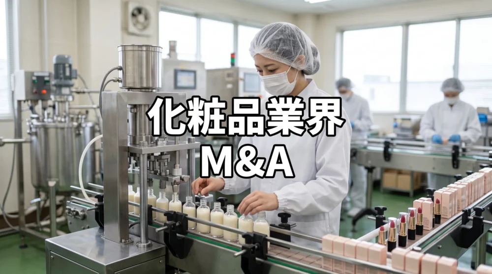 化粧品製造工場で衛生服を着た作業員が瓶詰めの工程を点検している、化粧品業界のM&Aを表すサムネイル画像