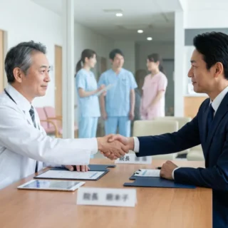 医療サービス業界のM&A・会社売却で、白衣の医師とスーツの経営者が固い握手をしてクリニックの経営を引き継ぐイメージ画像