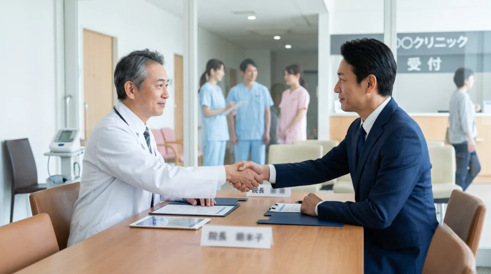 医療サービス業界のM&A・会社売却で、白衣の医師とスーツの経営者が固い握手をしてクリニックの経営を引き継ぐイメージ画像