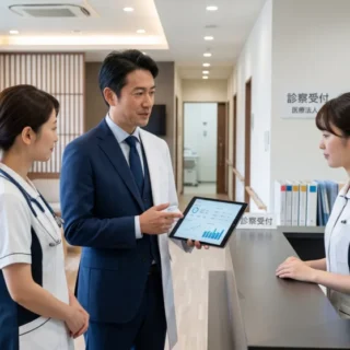 医療・ヘルスケア業界のM&A・会社売却で、病院やクリニックの経営と専門スタッフを引き継ぐ、信頼感ある事業承継のイメージ。
