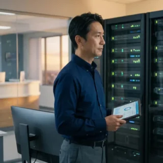 医療情報システムのM&Aや会社売却で、病院のデータ管理と経営を引き継ぐイメージ。サーバー室でデータを確認する経営者の写真。