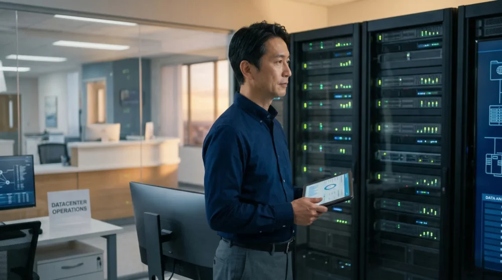 医療情報システムのM&Aや会社売却で、病院のデータ管理と経営を引き継ぐイメージ。サーバー室でデータを確認する経営者の写真。