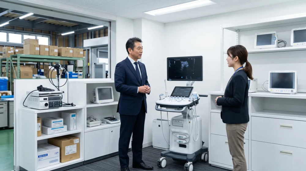 医療機器商社のM&A・会社売却をイメージした、最新設備が並ぶ展示スペースで話す経営者の実写風画像