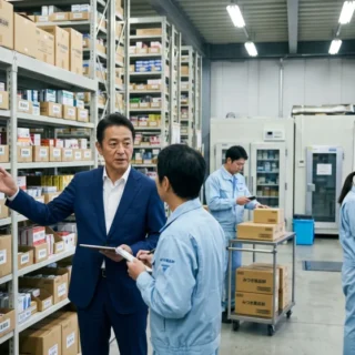 医薬品卸会社のM&A・会社売却で、倉庫内の豊富な在庫と物流システム、従業員を次世代に引き継ぐ事業承継のイメージ写真。