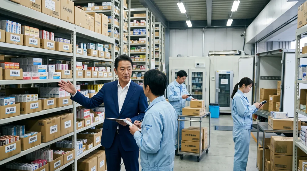 医薬品卸会社のM&A・会社売却で、倉庫内の豊富な在庫と物流システム、従業員を次世代に引き継ぐ事業承継のイメージ写真。