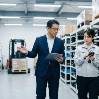 半導体商社のM&A・会社売却に向けて、最新の電子部品在庫を点検する経営者と従業員を映した、信頼感のある物流センターの実写画像です。