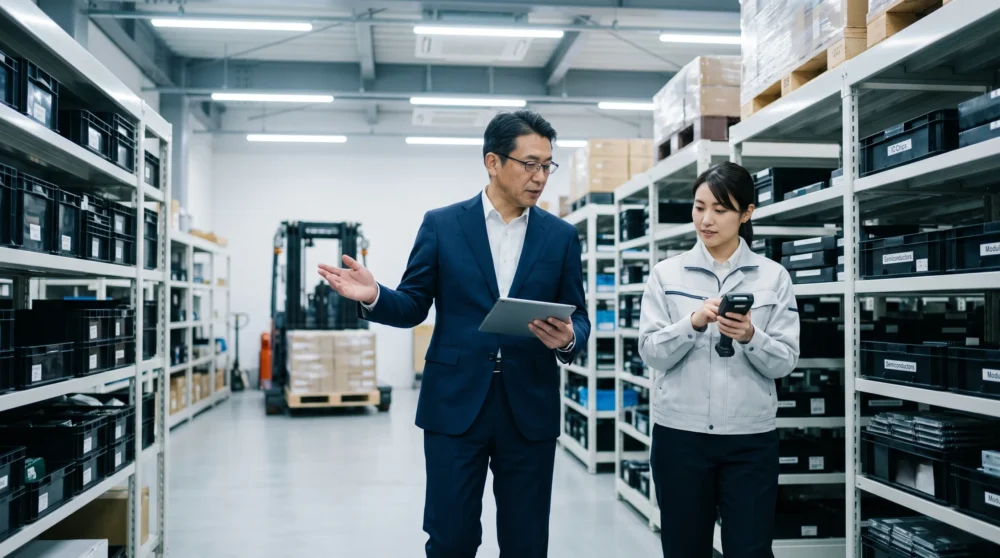 半導体商社のM&A・会社売却に向けて、最新の電子部品在庫を点検する経営者と従業員を映した、信頼感のある物流センターの実写画像です。