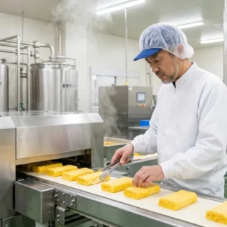 卵加工品メーカーの工場で厚焼き玉子を作る従業員。M&Aや会社売却で事業承継を進めるイメージ。