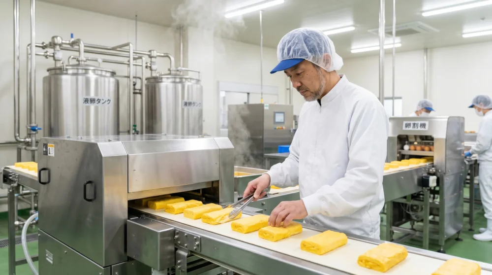 卵加工品メーカーの工場で厚焼き玉子を作る従業員。M&Aや会社売却で事業承継を進めるイメージ。