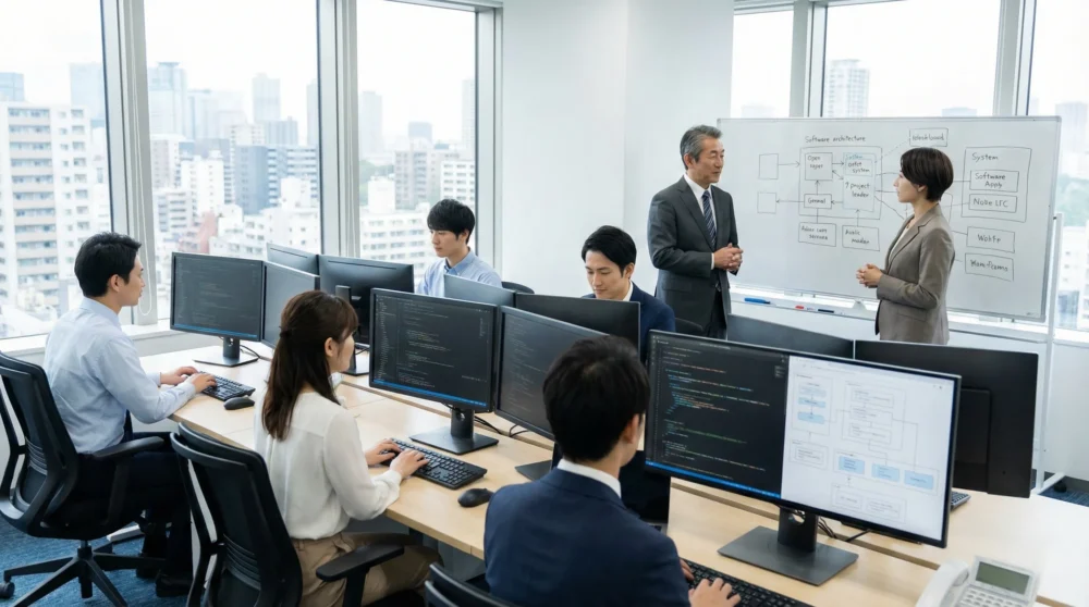 各種受託システム開発のM&Aや会社売却に向け、エンジニアが働くオフィスで事業承継の打ち合わせを行う経営者のイメージ写真