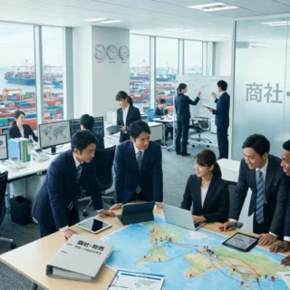 商社・卸売業界のM&Aや会社売却を象徴する、港が見えるオフィスで世界地図を囲み戦略を練る経営者らの写真