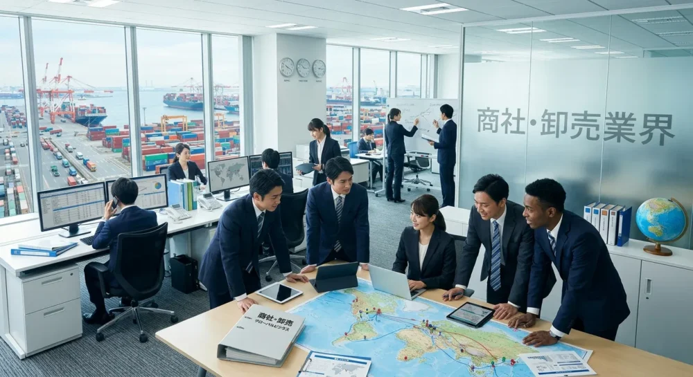商社・卸売業界のM&Aや会社売却を象徴する、港が見えるオフィスで世界地図を囲み戦略を練る経営者らの写真