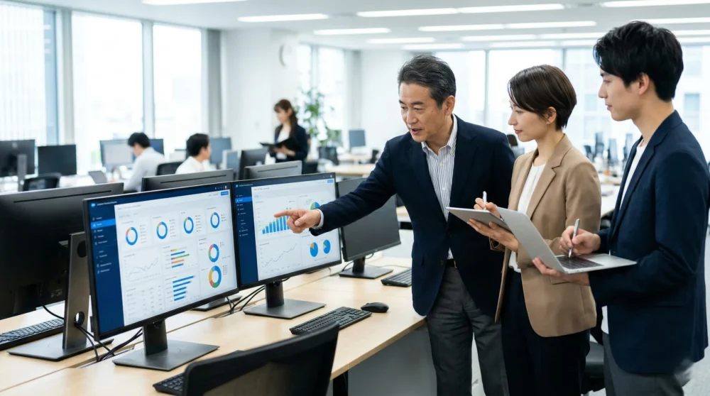 営業・マーケティングソフト業界のM&Aと会社売却で、データを活用するIT企業の成長をイメージしたオフィス風景